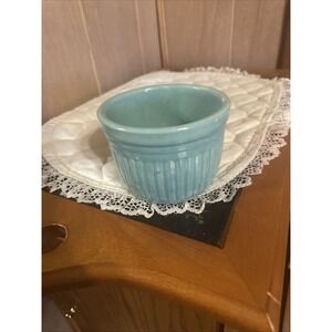 vintage USA-marked stoneware ribbed crock bowl in turquoise or seafoam green.